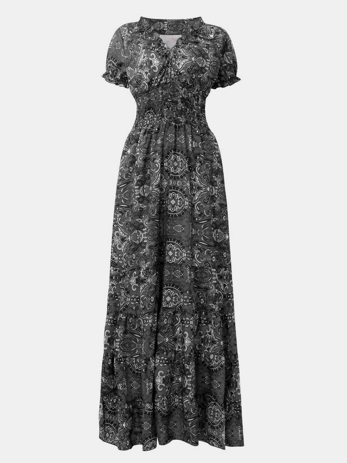 Full Size Smocked Printed V-Neck Short Sleeve Dress Full Size Smocked Printed V-Neck Short Sleeve Dress